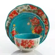 Vintage Floral 12-Piece Dinnerware Set Blue Red Home Kitchen