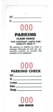 PARKING CLAIM CK Tag w Liability Clause, Blk/Wh, Rd Nmbrs, 6.75" x 2.5"-Bx/1,000