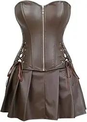 [FAWENLI] Fashion Steampunk Leather Corset Dress Sexy Brown Zipper Overbust Corset With Mini Skirt Plus Size Bustier Gor