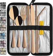 Portable Travel Utensils, Reusable Silverware with Case for Fixing Tableware, 9 Pieces Stainless Steel Stable Flatware Set, Camping Picnic Cutlery Set (Rose Gold Set)