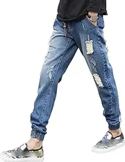 [Generic] Men's Drop Crotch Ripped Pant Casual Slim Fit Jogger Denim Pants Drawstring Waist Athletic Jeans