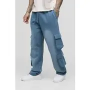 Mens Slate Blue Tall Oversized Spray Wash Cargo Joggers