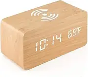 LEDON Wooden Alarm Clock with Wireless Charging for Smart Phones, Wood Digital LED Desk Clock for Bedroom, 3 Alarm Settings, Sound Control, Adjustable Brightness, Time Temperature