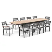 Austin Outdoor 2.2m - 3m Extension Teak Timber and Aluminium Table with 10 Capri Dining Chairs Charcoal - Textured Olefin Grey