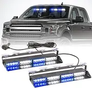 2 in 1 LED Emergency Dash Strobe Light Bar Front/Rear Windshield Safety Flashing Warning Hazard Interior Lights for Police Firefighter Construction Vehicles Trucks (2x14 inch, Blue/White)