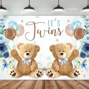 7x5 Ft Twin Bear Boys Baby Shower Backdrop Decorations Blue & Brown Photo Shoot