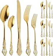 Retro Flatware Set - 20Pcs Flatware Set Stainless Steel Silverware Set Anti-Rust Kitchen Utensils Dishwasher Safe for Home Kitchen (Gold)