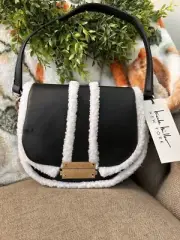 Nicole Miller New York Faux Shearling Black Crossbody Bag Purse