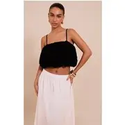 Black Textured Chiffon Puff Ball Cami Top, Black