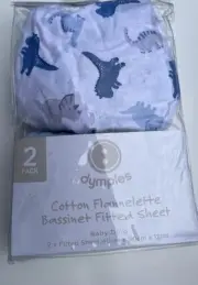 Cotton Cot Flannelette Bassinet Fitted Sheet Covers Baby Blue Dino Pack Of 2
