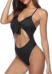 [Generic] Womens Strappy 1 Piece Swimsuits Sexy Push Up Tummy Control Cut Out Swimwear Printing Tie Knot Front Bathing Suits