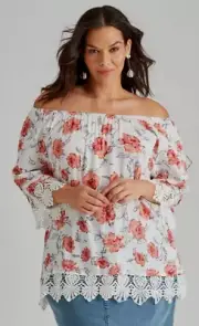Autograph Top Plus Size 24 Tunic On/Off Shoulder Floral Lace 3/4 Sleeve R$90 NEW