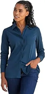 [Fair Indigo] Women's 100% Organic Pima Cotton Long Sleeve Knit Button Down Shirt
