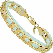 [Lifetime Jewelry] Figaro Bracelet 11MM Wrist Chain 14K Gold Plated for Men or Women 8 to 10 Inches