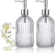 YTDTKJ 2 Pack Clear Glass Soap Dispenser 13 Oz/400ml, Striped Transparent Liquid Hand Soap Dispenser for Kitchen Bathroom, Suitable for Lotions Shower Conditioner Diswashing Liquid (Silver Pump)