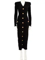 Black Corduroy Button Embellished Midi Dress