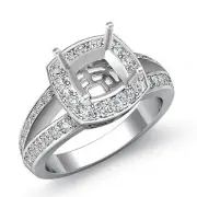 Cushion Split Shank Diamond Engagement Halo Pave Platinum Ring Semi Mount 0.6Ctw