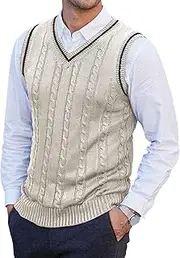 [SWJGLITTR] Mens V-Neck Knitted Sweater Vest Cable Knit Slim Fit Pullover Vests Casual Sleeveless Sweater Vest, Khaki, Medium