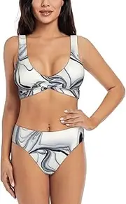 [JEJEA] Black and White Paint Mixed Print Women Swimsuit, Women's High-Waisted Bikini Set, Two-Piece Sport Bathing Suits, Black, XXL