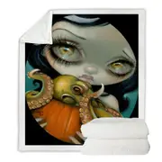 Halloween Gothic Girl Hold Pumpkin with Octopus Throw Blanket