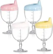 Goaste 4 Pack Toddler Sippy Cups, 7oz No Spill Plastic Wine Glass Goblet Cup, Fancy Baby Beverage Mug Milk Bottle with Lid for Kids over 3 Years on Birthday Party, Celebration, Assorted Colors