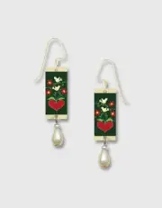 Red Heart White Dove Print Long Rectangle Earrings by Lemon Tree Sterling Hook