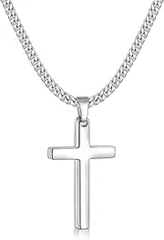 [Fiusem] Cross Necklace for Men, Silver Tone/Gold Plated/Black Mens Cross Necklaces with 3.5mm Cross Chain and Stainless Steel Cross Pendant, Cuban Chain 16-28 Inch