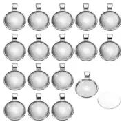 Pendant Trays with Glass Cabochons, 30 Sets 20mm Round Bezel Trays, Silver Tone