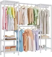 [Higeego] H10 Heavy Duty Garment Rack Expandable Clothing Rack for Hanging Clothes, Freestanding Wardrobe Closet Organizer with Hanger Rods, Extendable from 4.5 to 5.9 ft, White