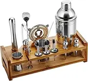 Soing Silver 24-Piece Cocktail Shaker Set,Perfect Home Bartending Kit for Drink Mixing,Stainless Steel Bar Tools with Stand,Velvet Carry Bag & Recipes Included