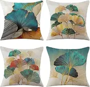 Set of 4 Throw Pillow Cover Green Ginkgo Leaves 18"x18"Linen Jungle Throw Pillow Cases Gold Turquoise Farmhouse Natural Cushion Covers for Sofa Cushions Modern Living Room Outdoor Garden (Ginkgo)