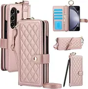 [ELEPIK] for Samsung Galaxy Z Fold 5 Case with S Pen Holder, [4 Card Holders + 1 Cash Slot] [Detachable Crossbody Strap & Hand Strap] Durable PU Leather Exquisite and Elegant Wallet Phone Case, Pink