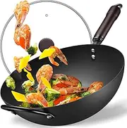 Wok, 13 Inch carbon steel woks & stir-fry pans nonstick, Flat Bottom Chinese Wok Pan with lid, Carbon Steel Cookware, Compatible with All Cooktops