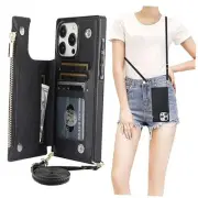Crossbody Wallet Case for iPhone 15 Pro Max with RFID Blocking Card Slot Black