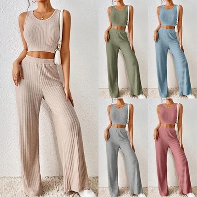 Ladies Loungewear Tracksuit Ribbed Knit Cami Tops+Loose Pants 2PCs Set Nightwear