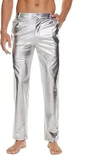 [Rufeud] Mens Metallic Shiny Disco Pants, Wet Look Party Dance Straight Leg Trousers, 70s/80s Festival Rave Cosplay Leather Pants