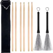 3 Pairs 5A Hard Maple Wood Drum Sticks and 1 Pair Retractable Drum Wire Brushes with a Storage Bag