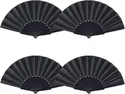 EGEKTBH 4 Pcs Black Folding Hand Fan for Women Men, Chinese Fan Handheld Fan Silk Fabric Fan for Wedding Party Decoration Gifts