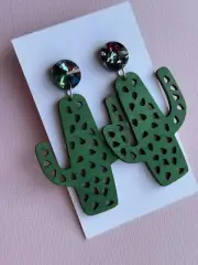 Light Dangle Earrings, Glitter Acrylic & Green Wood Cactus, Surgical Steel Stud