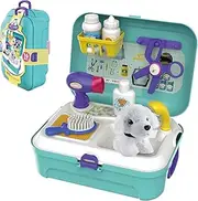 Pet Care Role Play Set Children's Vet Kit Dog Grooming Toy Feeding Dog Games Backpack Pet Doctor Kit Educational Toy Gifts for 3 4 5 6 Years Old Birthdays Girls Boys