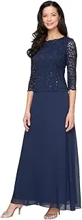 [Alex Evenings] Womens Long Mock Dress with Bodice and Illusion 3/4 Sleeves Three-Quarter-Sleeve Dress - Gray