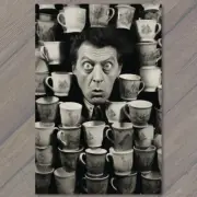 FLATCARD Eccentric Figure Eyes Wide Amidst Sea of Teacups Quirky Madness