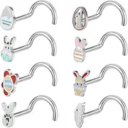 [ZS] 8Pcs Easter Egg Corkscrew Nose Rings Nose Studs L-Shape, 20G Stainless Steel Nose Screw Bone Easter Bunny Nostril Nose Piercing Jewelry for Women Men