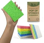 Biodegradable Cellulose Compressed Sponges - Pack of 16 Kitchen Sponges for Cleaning - Heavy Duty and Natural Multipurpose Household Cleaning Sponges Good for Kitchen, Bathroom, and Surfaces.
