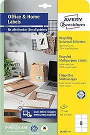 AVERY Zweckform LR3427-10 Recycled Labels (80 Address Labels, 105 x 74 mm on A4, 100% Recycled Paper, Printable Shipping Labels, Self-Adhesive Shipping Labels) 10 Sheets, Natural White
