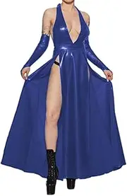 [EGEN] Sexy Halter Sleeveless High Split Slim Midi Dress PU Leather Dress with Gloves Slim Backless Long Dress Club Party Robe S-7XL (Large,Blue,Large)