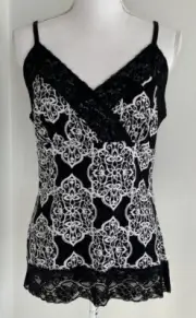 WHITE HOUSE BLACK MARKET Black & White Patterned Lace Trim Camisole | Large NWT