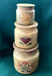 LANG AND WISE POTTERY PRIMATIVES - SET OF 3 STACKING JARS - AMERICAN HEART