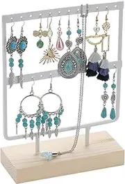 SUNNYCLUE Small Earring Display Stand Earring Holder Organizer Stand 8.3 inch 2 Tier White Earring Stands Jewelry Organizer 24 Hole Jewelry Rack Solid Wooden Base Earring Tree for Studs Dangles