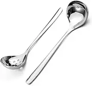 Realand 2Pcs Small Ladle and Slotted Spoon, Heavy Duty 304 Stainless Steel Gravy Ladle Mini Soup Ladles for Serving, Skimmer Strainer Ladle Spoon with Holes, Silver